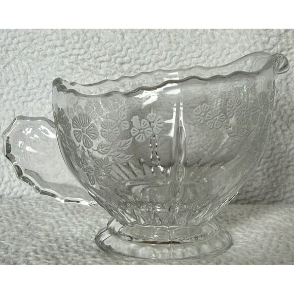 New Martinsville Glass Creamer Sugar Bowl Set Etched Flower Basket Wing Handles - Picture 4 of 13